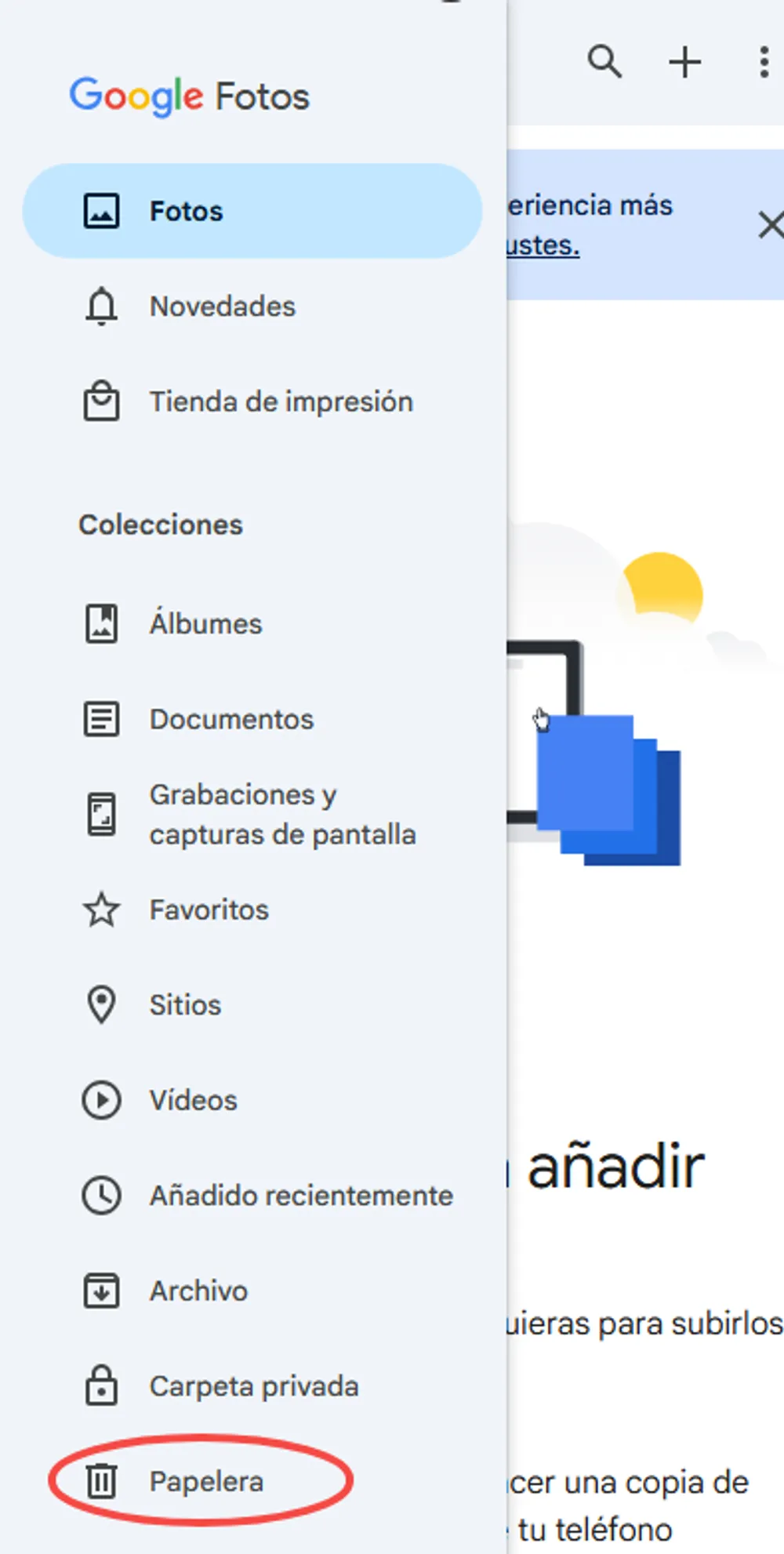 papelera de Google Fotos